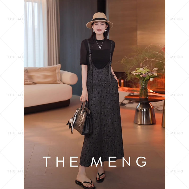 THE MENG【里予】天然亚麻混纺波点显瘦时装感通勤背带连衣裙女夏