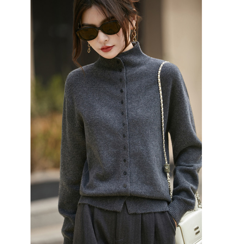 深灰色高领针织开衫女秋冬25新款欧货收腰单排扣休闲长袖通勤毛衣