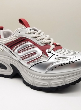 意尔康女鞋2024秋季新款运动休闲网面银红色厚底轻便财猫老爹鞋女