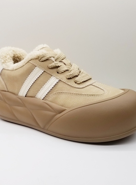 意尔康女鞋2024冬季新款休闲黄色毛毛板鞋女棉百搭加绒厚底德训鞋