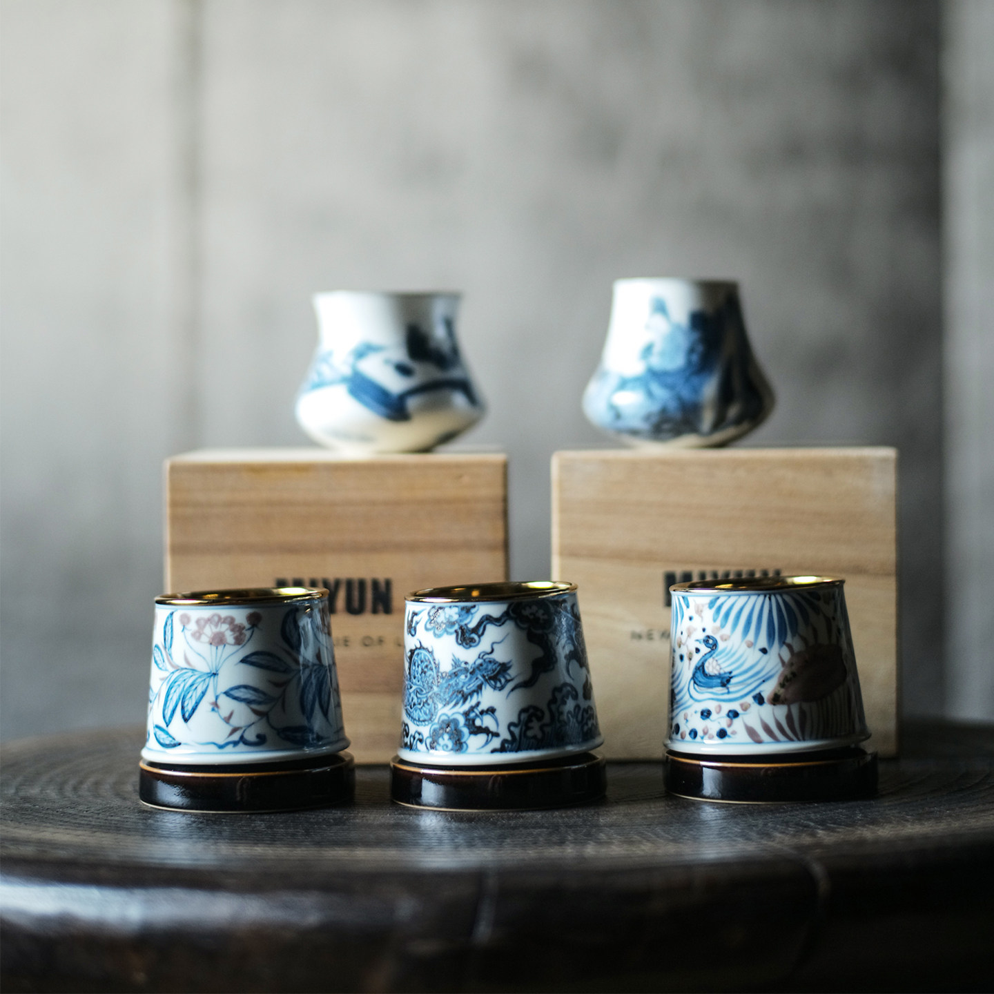 七月长陶瓷茶杯 手绘青花釉里红镀钛咖啡品鉴杯 景德镇枕石向野