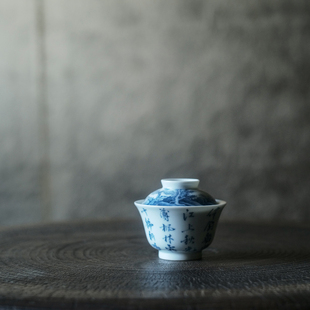 七月长陶瓷盖碗 手绘青花渔父诗文茶碗 中式复古茶器景德镇弥云斋