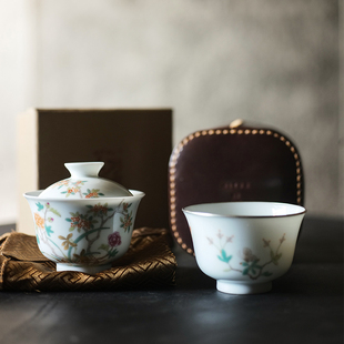 七月长一人饮套组 手绘粉彩花卉诗文盖碗 功夫茶具 景德镇弥云斋