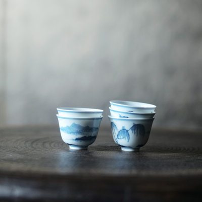 弥云斋手绘青花山水五客杯
