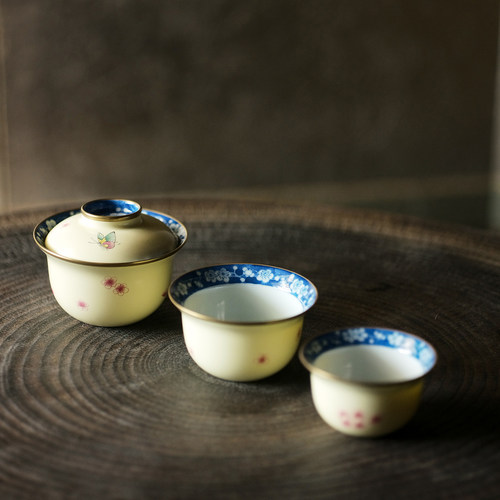 景德镇松花黄青花冰梅差茶具套组