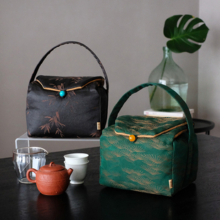 七月长茶事包 手工香云纱一壶两杯茶具收纳包 旅行便携式 慢蓝
