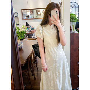 GUOGEV蝴蝶剪花旗袍裙女夏复古日常款国风新中式短袖连衣裙长款