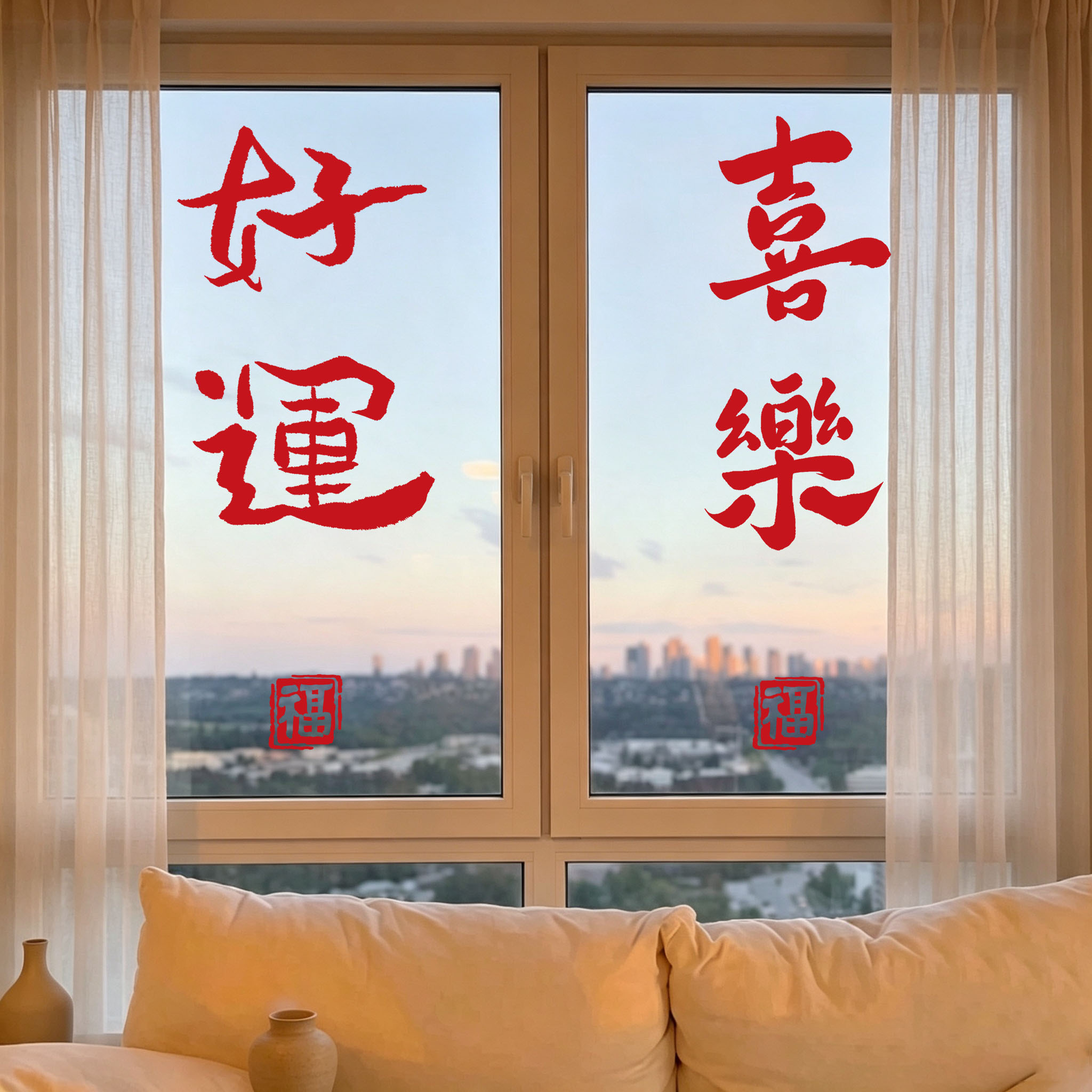 繁体好运玻璃窗贴防水文字静电贴画阳台装饰艺术窗贴镜子装饰贴纸图片