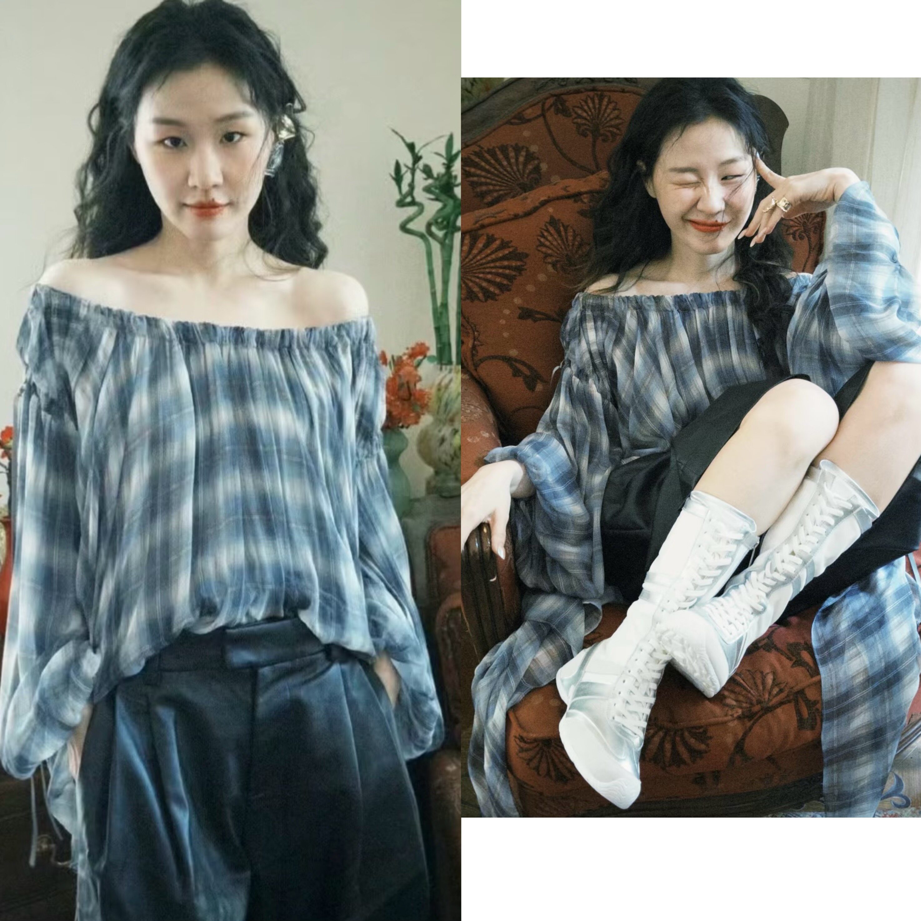 金靖明星同款格纹印花复古宽松设计感飘带长袖一字领春秋薄款衬衫