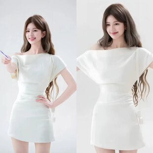 赵露思明星同款 连衣裙甜辣显瘦包臀裙夏 白色斜领露肩褶皱收腰短袖