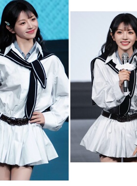 田曦薇同款白色细格纹双领长袖收腰显瘦衬衫连衣裙学院风甜美上衣