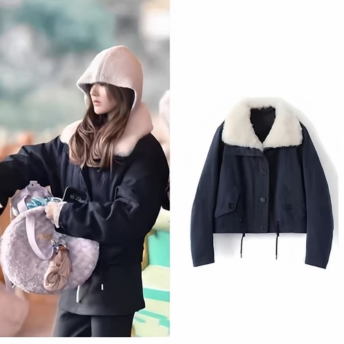 赵露思明星同款黑色法式宽松显瘦毛领棉服秋冬保暖百搭夹克外套潮