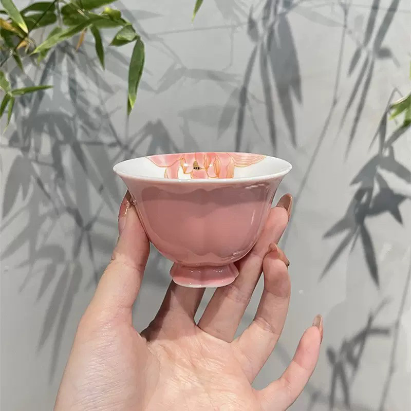 淄博博山陶瓷琉璃大观园手绘釉下彩高脚品茗杯主人杯茶杯清新女士