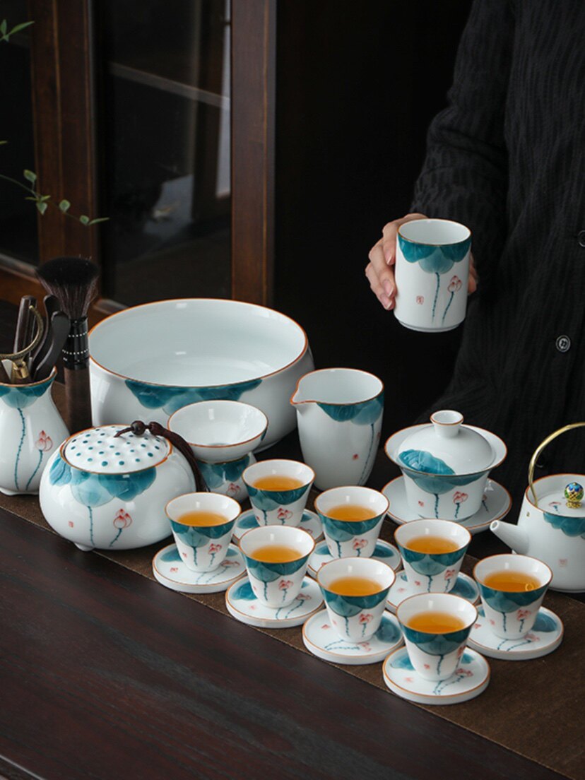 淄博博山陶瓷琉璃大观园手绘荷花高端茶具礼盒套装送岳母送长辈