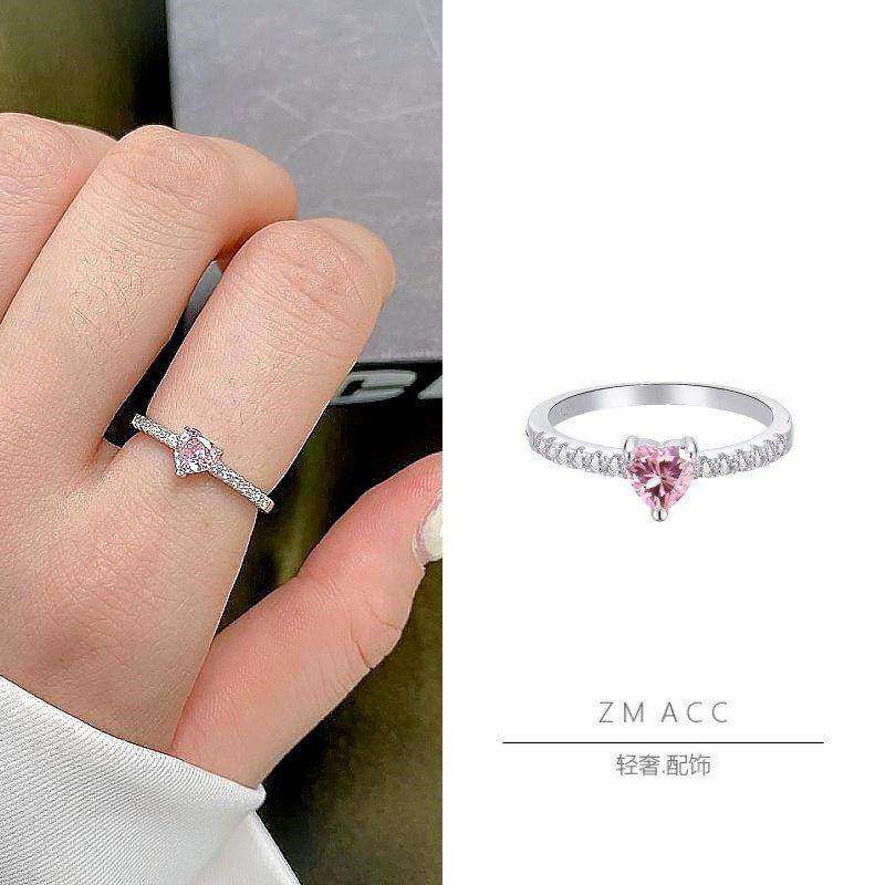 清新时尚甜美气质粉钻爱心小钻戒S925纯银心形仿真钻石戒指送闺蜜