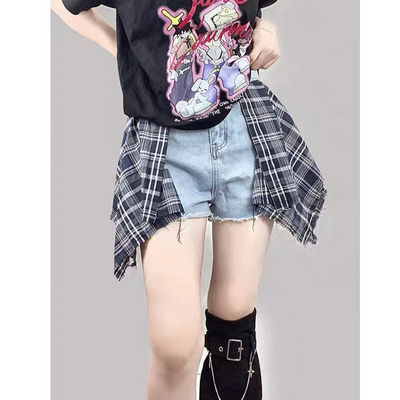 复古格子拼接高腰宽松直筒阔腿裤短裤/ULI0703