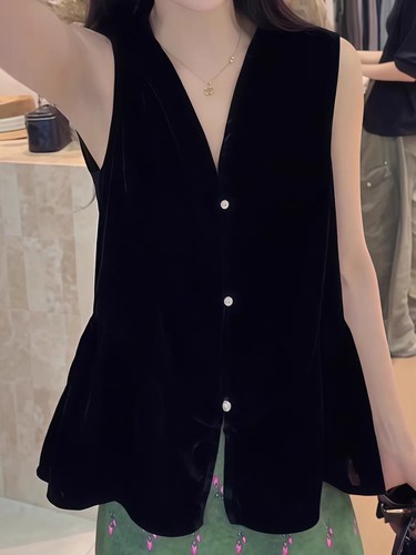 欧货夏新款V领单排扣丝绒无袖背心女何叶边收腰显瘦通勤马甲上衣