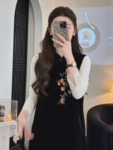 新中式套装女复古刺绣立领丝绒马甲裙内搭打底衫显瘦气质两件套潮