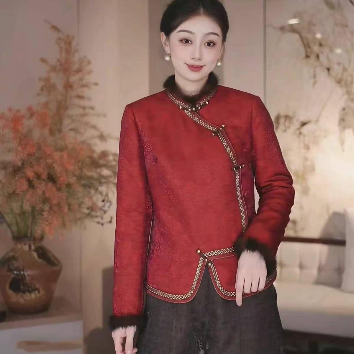 高端新中式复古立领外套冬季新款斜襟盘扣I毛毛拼接保暖上衣开衫