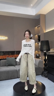 2026春东大门同款 洋气自母印花百搭显瘦上衣潮 镂空蕾蕾提花打底衫