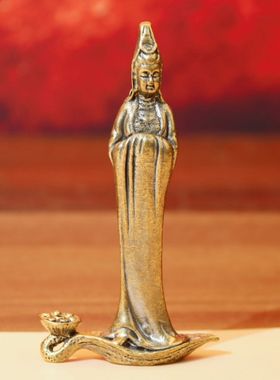 黄铜供佛香插观音菩萨摆件实心观世音佛像纯铜桌面金属工艺品