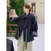 氛围感格纹拼接双面呢羊毛外套女2025冬季 新款 慵懒风显瘦保暖大衣