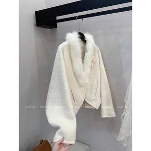 新山 XINSHAN 真狐狸毛领开衫外套宽松气质百搭保暖蝙蝠袖上衣女