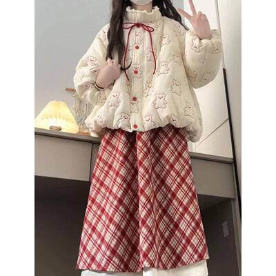 巨好看的冬装一整套ootd短款棉服穿搭半身裙两件套装超好看厚外套