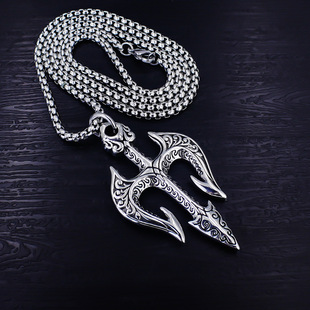 北欧风项链男潮百搭不锈钢三叉戟吊坠个性朋克图腾花纹复古毛衣链