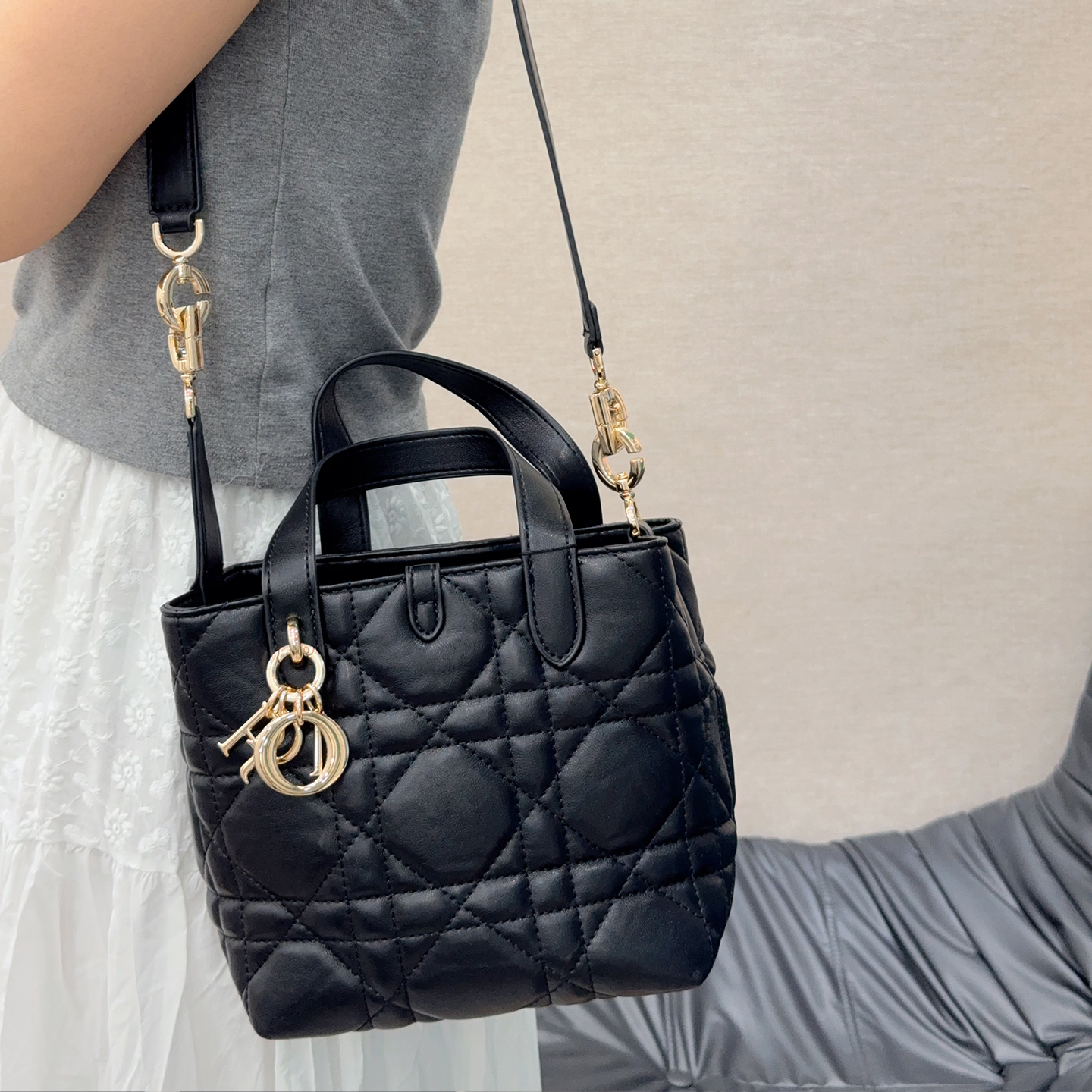 白色菱格真皮托特包单肩包