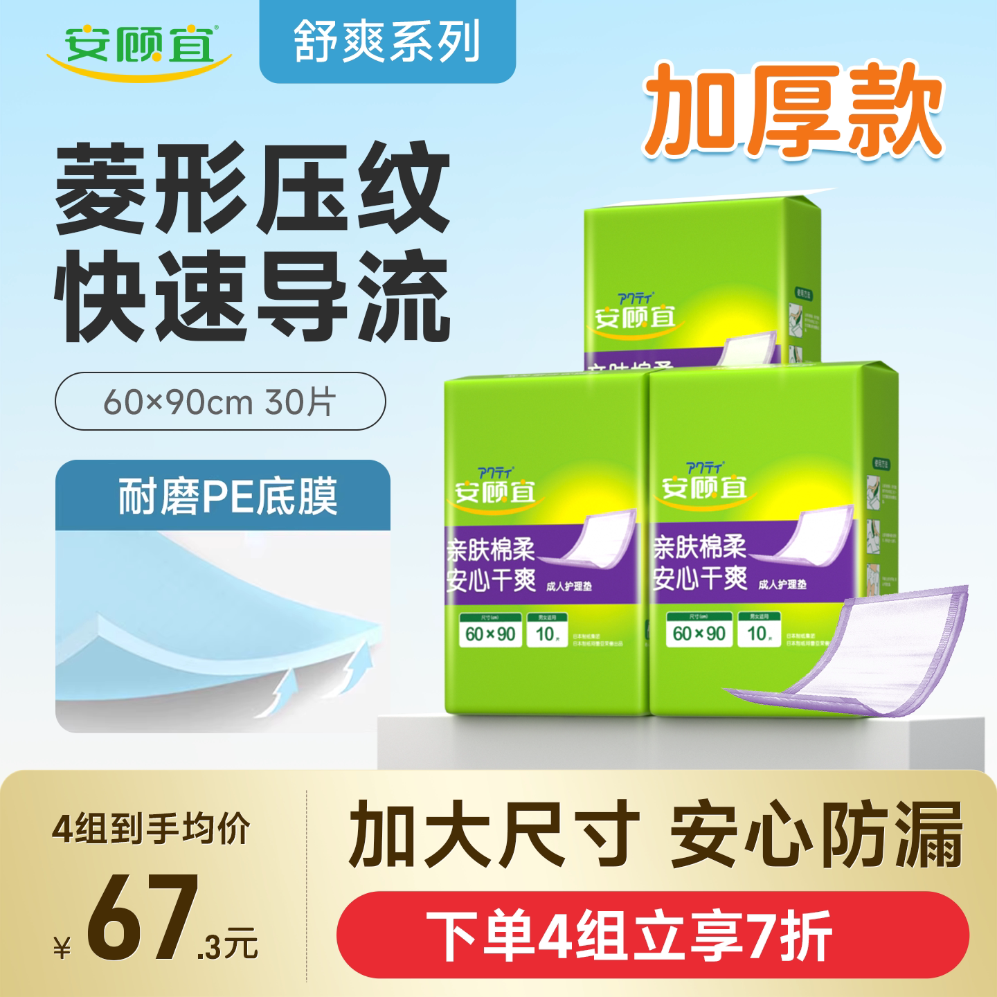 安顾宜成人护理垫60*90cm大尺寸男女老人隔尿垫产妇垫产褥垫3包装