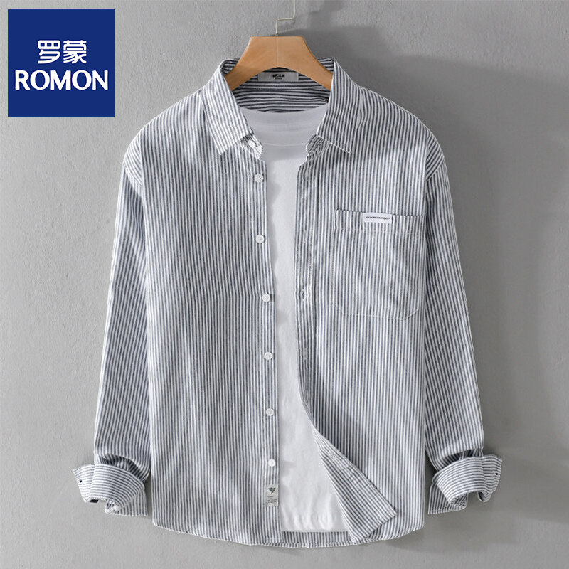罗蒙日系男士条纹长袖衬衫休闲上衣服春秋季新款潮流短袖衬衣外套
