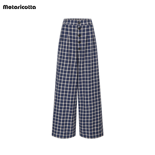 Metaricotta蓝色格纹阔腿休闲裤女复古慵懒风夏季长裤薄款