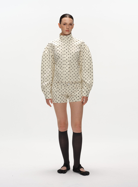 Metaricotta 波点泡泡袖收腰立领夹克显瘦短裤套装女