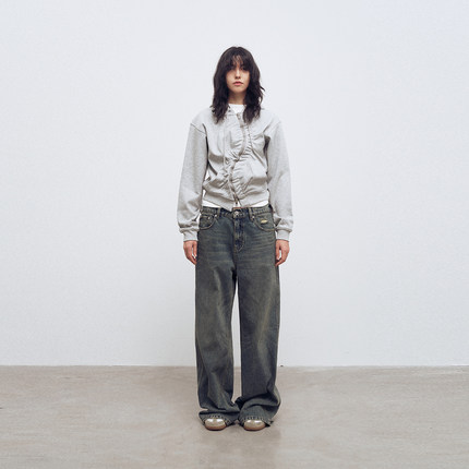 METARICOTTA 扭曲拉链褶皱设计短款卫衣连帽街头潮流情侣上衣男女