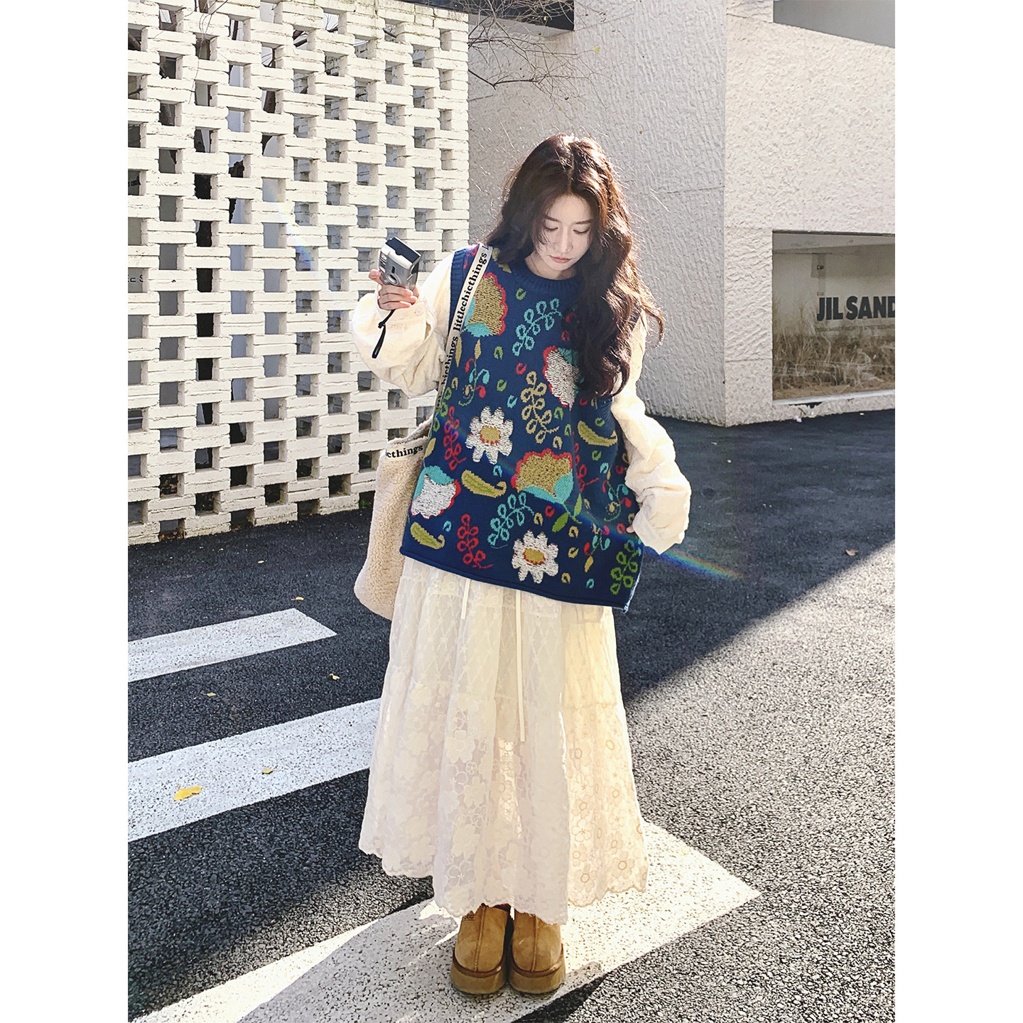 碎花针织马甲套装连衣裙女春秋2026新款小清新超火蕾丝提花长裙