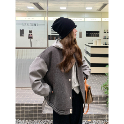 美式复古灰色拼接棒球服羽绒服女2024冬季新款休闲短款白鸭绒外套