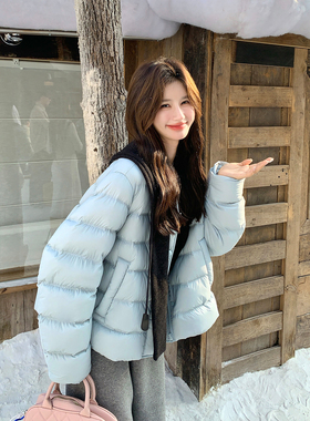 蓝色泡芙羽绒服女短款2025冬季韩系巨好看针织连帽90白鸭绒厚外套
