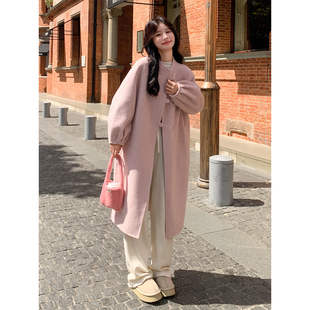 粉色立领双面羊绒大衣女2025冬季气质漂亮灯笼袖中长款羊毛呢外套