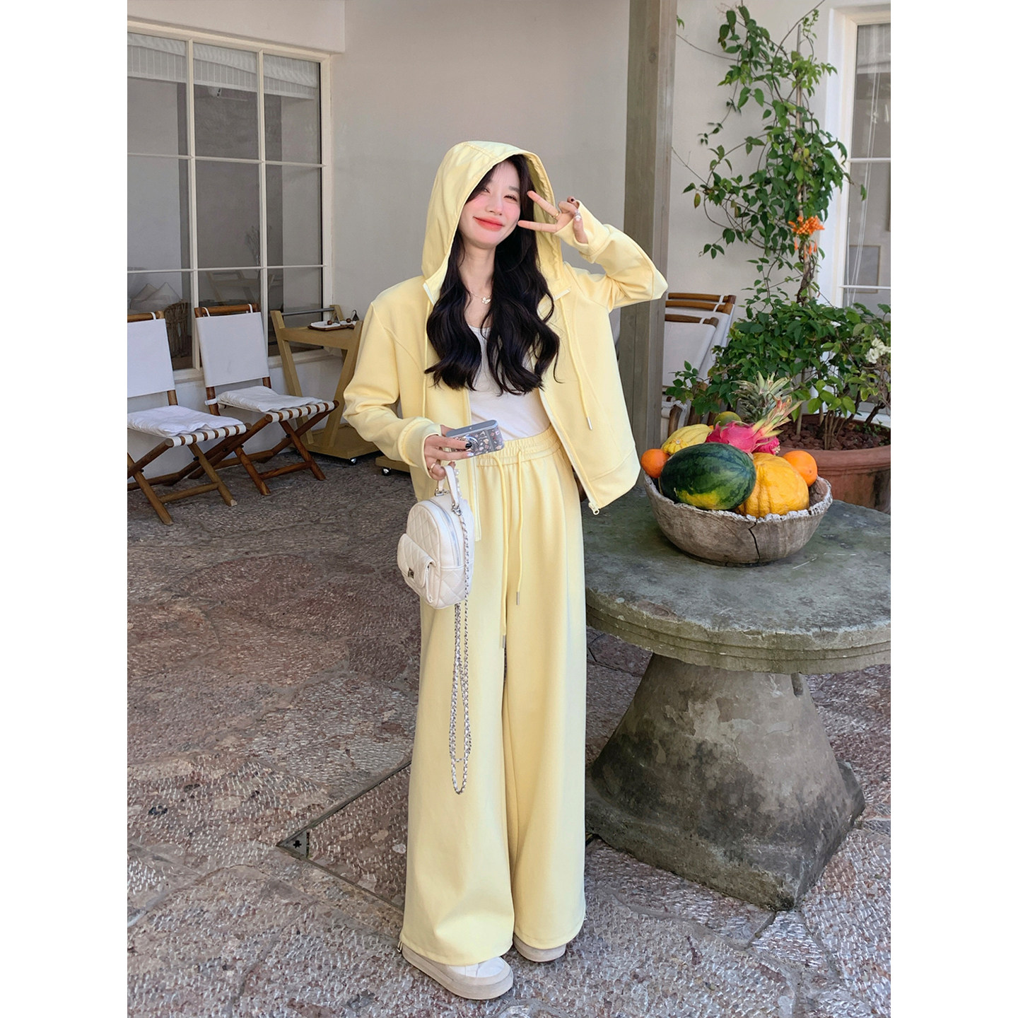 韩版学院风连帽卫衣套装女款2026春季新款慵懒松弛感阔腿裤两件套