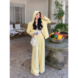 韩版学院风连帽卫衣套装女款2026春季新款慵懒松弛感阔腿裤两件套