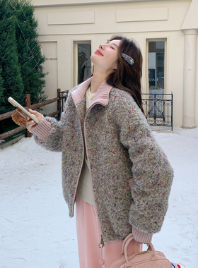 灰色针织拼接撞色圈圈毛呢羽绒服女2025冬季新款韩系减龄90绒外套