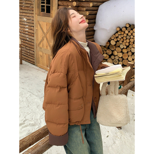 焦糖色立领羽绒服女冬短款2025新款学院加厚保暖面包服白鸭绒外套