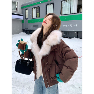 盐系咖色大毛领羽绒服女冬季2025新款小个子短款加厚90白鸭绒外套