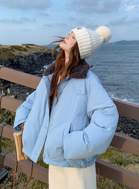 蓝色韩系羊羔毛领短款羽绒服女2025冬小个子减龄保暖90白鸭绒外套