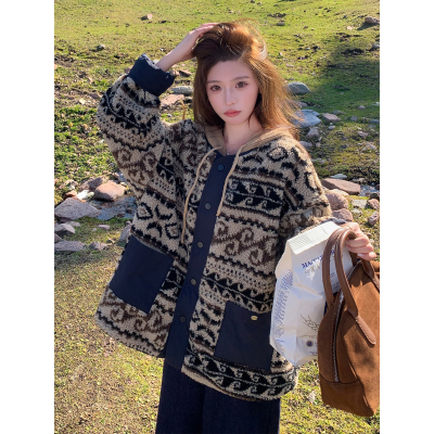 冬季费尔岛花纹两面穿羊羔毛棉服