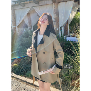卡其色高级感撞色拼接双排扣风衣女2026春秋款系带收腰气质感外套