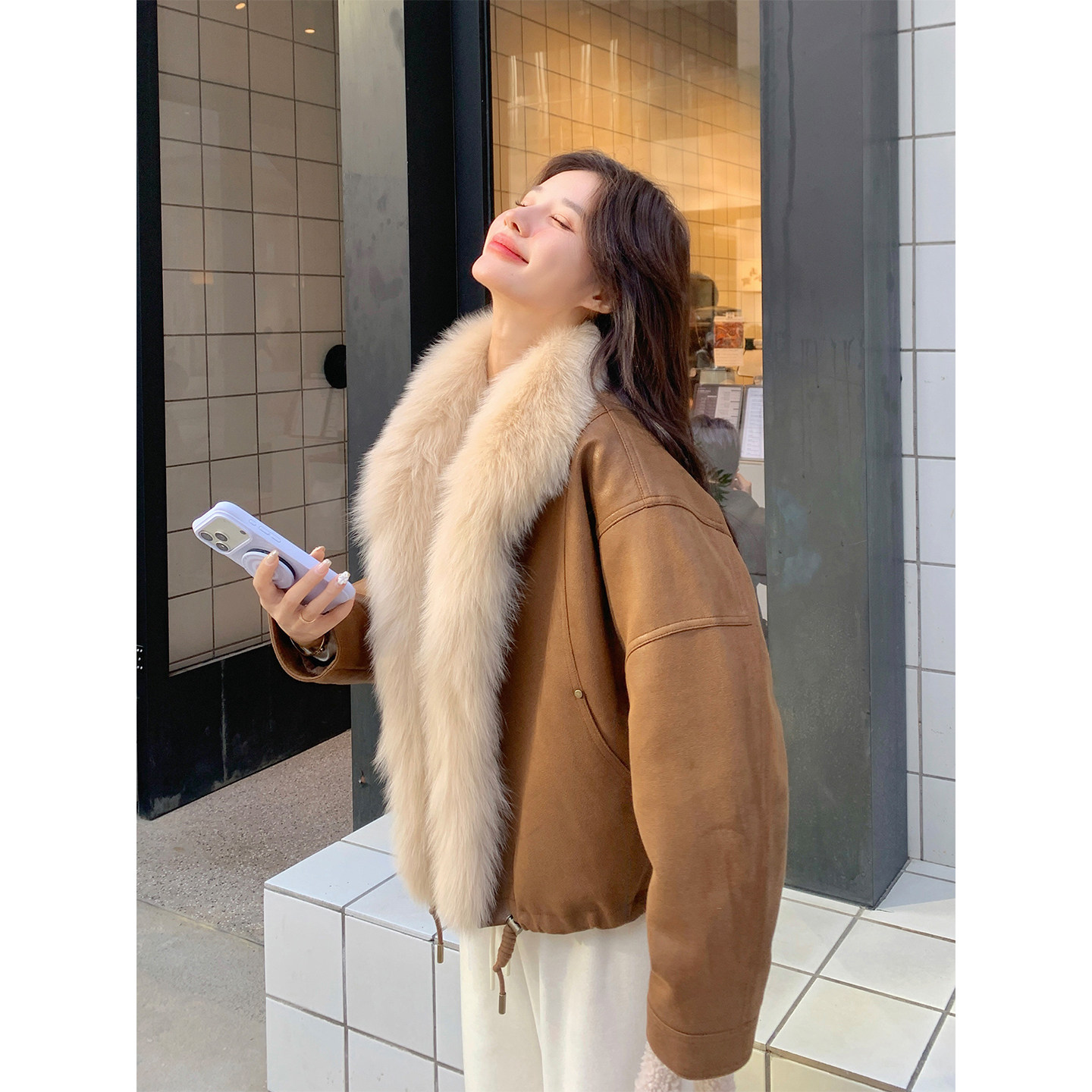 咖色大毛领拼接羽绒内胆皮衣派克服女2025冬季新款高级感气质外套
