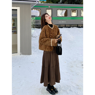 复古贵气国风提花毛绒拼接棉服套装 压褶半身裙两件套 女2025冬新款