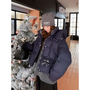 今年流行爆款高级感藏青色连帽羽绒服冬新款小个子短款面包服外套